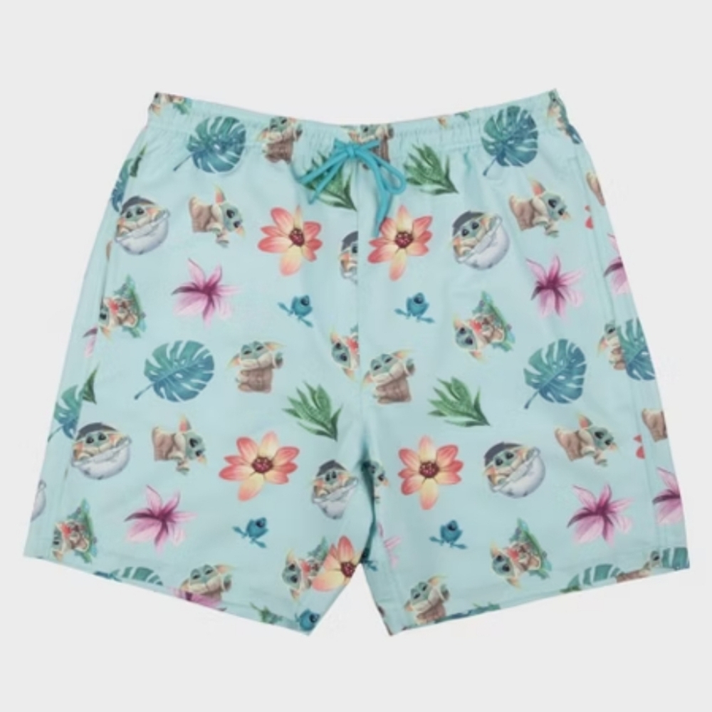 Star Wars: The Mandalorian Men's 7"  Elastic Waist Baby Yoda Swim Shorts ~ Turqu